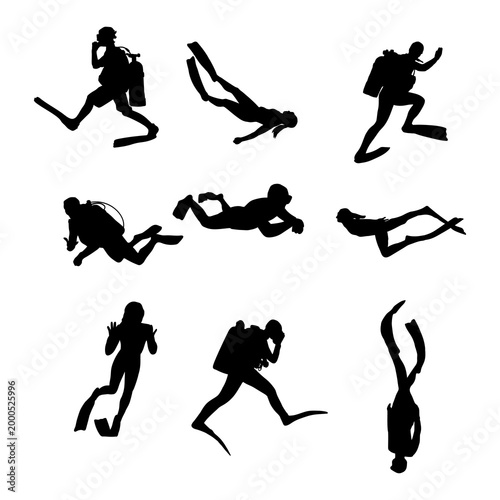 Set of Scuba Diver and Snorkeler Silhouettes Showing Fins, Tanks and Underwater Poses