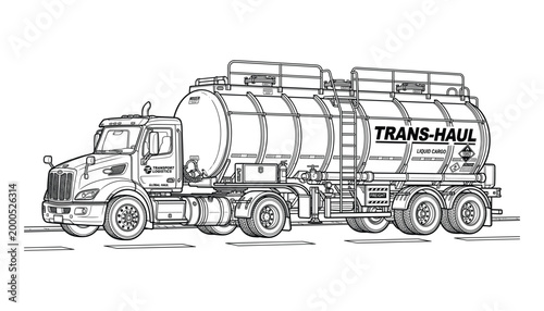 Detailed line art vector of a tanker truck for liquid cargo transport on transparent background.