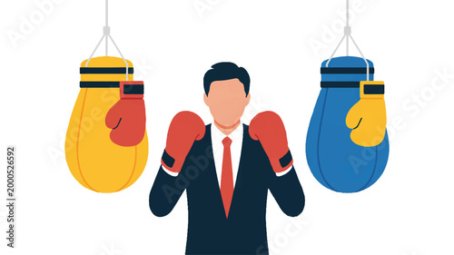 Businessman wearing boxing gloves standing between two hanging punching bags