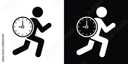 Vector icon of a person running with a clock, symbolizing time management, deadlines, punctuality, and rushing against time. Perfect for business, productivity, and schedule-related designs.