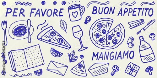 hand drawn illustration of italian food items on light background