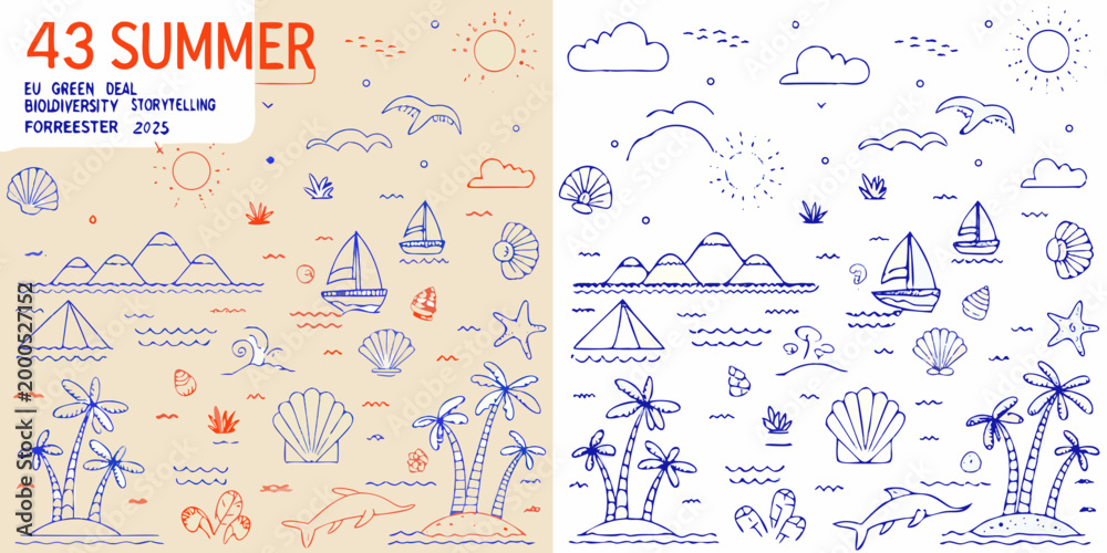 Obraz premium summer themed line art illustrations with palm trees boats and sea elements