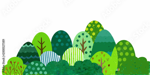 colorful forest trees with playful patterns on white background
