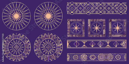 art deco inspired geometric patterns in gold and purple
