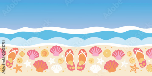 beach scene with flip flops shells and waves