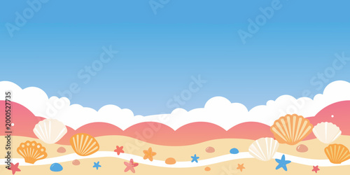 beach scene with colorful shells and starfish on sand