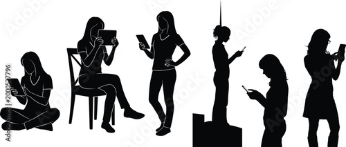 People using smartphones and tablets in various poses