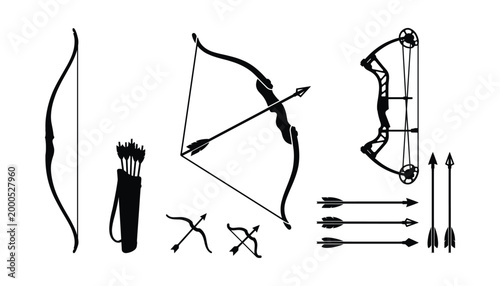 Set of bow and arrow icons in silhouette for archery sport, recreation, hunting and sport vector illustration
