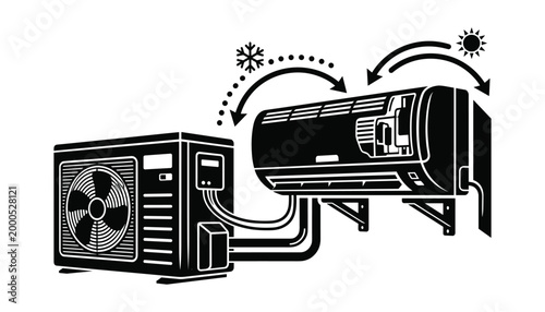 Split system air conditioner unit with indoor and outdoor components showing cooling and heating functions on transparent background vector.