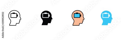 Mental Energy Icon of Human Head with Battery Level for Brain Power, Creative Thinking, and Psychological Health. Symbol Vector Illustration.