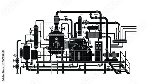 Complex industrial machinery with pipes valves and gauges intricate engineering system vector illustration on transparent.