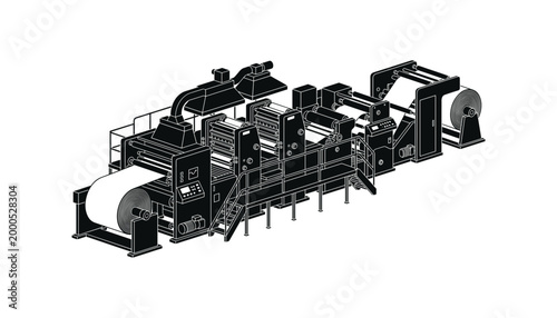 Large industrial printing machine paper roll feeder and control panel technology vector transparent.