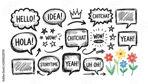 Set of hand-drawn chat bubbles with words like hello, idea, chitchat, storytime, and yeah on transparent background.