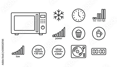 Set of line icon symbols for microwave oven and cooking functions including power, time, and start.