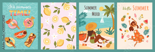 Summer collection set in flat style with girls, women, cocktails, fruits lemons for banners and more on white background