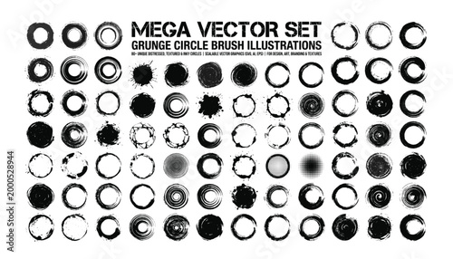 Mega vector set of grunge circle brush illustrations with distressed textures and ink splatters.