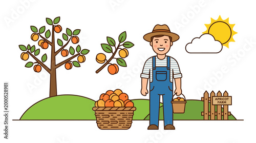 Smiling young farmer wearing a brown hat and blue overalls stands proudly next to his basket filled with freshly picked organic orange apricots