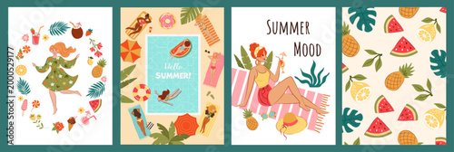 Hello Summer collection set with girls, women, cocktails, pool, fruits lemons for banners and more on background