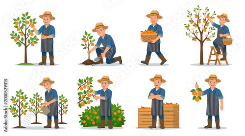 Animated farmer engaged in various agricultural tasks including planting, harvesting, and caring for fruit trees and crops.