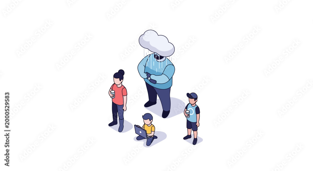 Fototapeta premium Isometric illustration of a chef with his team, cloud head.