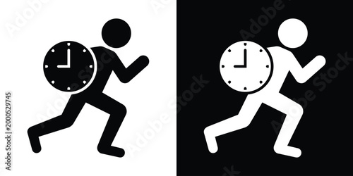 Vector icon of a person running with a clock, symbolizing time management, deadlines, punctuality, and rushing against time. Perfect for business, productivity, and schedule-related designs.