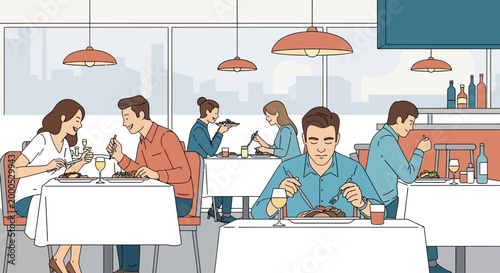 People enjoying a meal at a well-lit, modern restaurant with contemporary decor and patrons dining at various tables