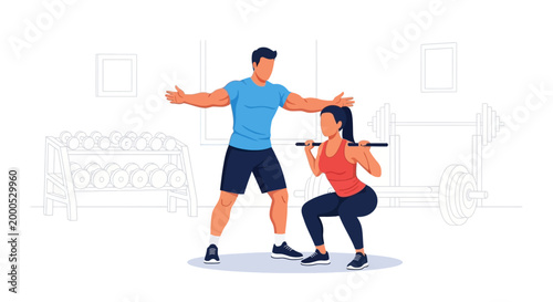 Personal trainer guiding a woman performing squats with a barbell in a gym setting, promoting fitness and exercise