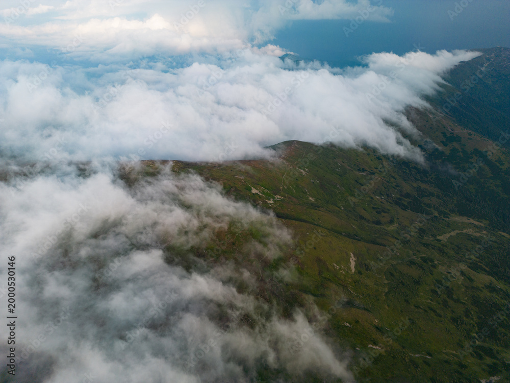 Fototapeta premium Aerial Drone View Clouds Waterfall Carpathian Mountains Chornohora Ridge Ukraine Landscape