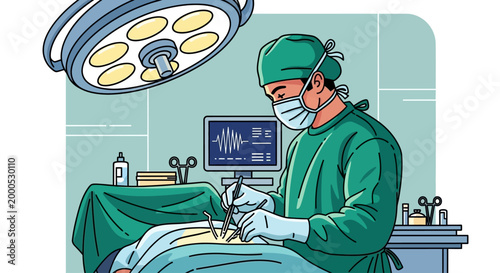 Medical professional performing surgery in an operating room with advanced equipment and monitoring