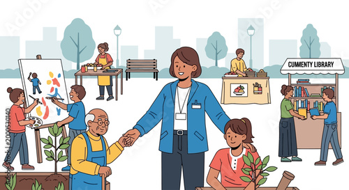 Community life and activities illustration showing diverse people engaging in various hobbies and learning pursuits