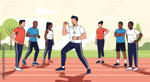 A sports coach instructing a diverse group of athletes on a running track, illustrating teamwork and fitness