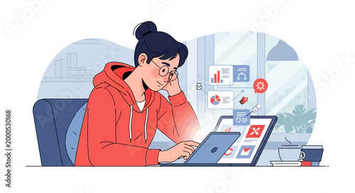 Young woman working on a laptop with various digital interface elements and charts appearing from the screen