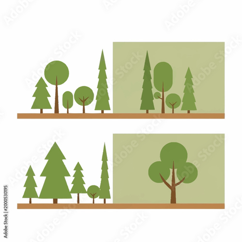 Stylized flat design illustration of various green trees in a forest setting.