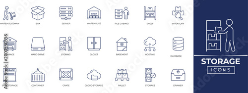 Storage line icon set for data center, cloud computing, archive, garage, shelf, warehouse logistics, and file management. Outline vector icon collection.
