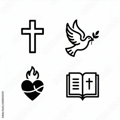 Symbols of Faith: A collection of simple, yet profound icons representing central tenets of a specific belief system, inviting contemplation and reflection on spiritual matters.