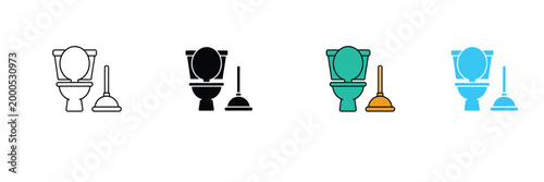 Toilet and Plunger Icon for Bathroom Maintenance, Plumbing Service, Home Repair, and Hygiene Equipment. Symbol Vector Illustration.