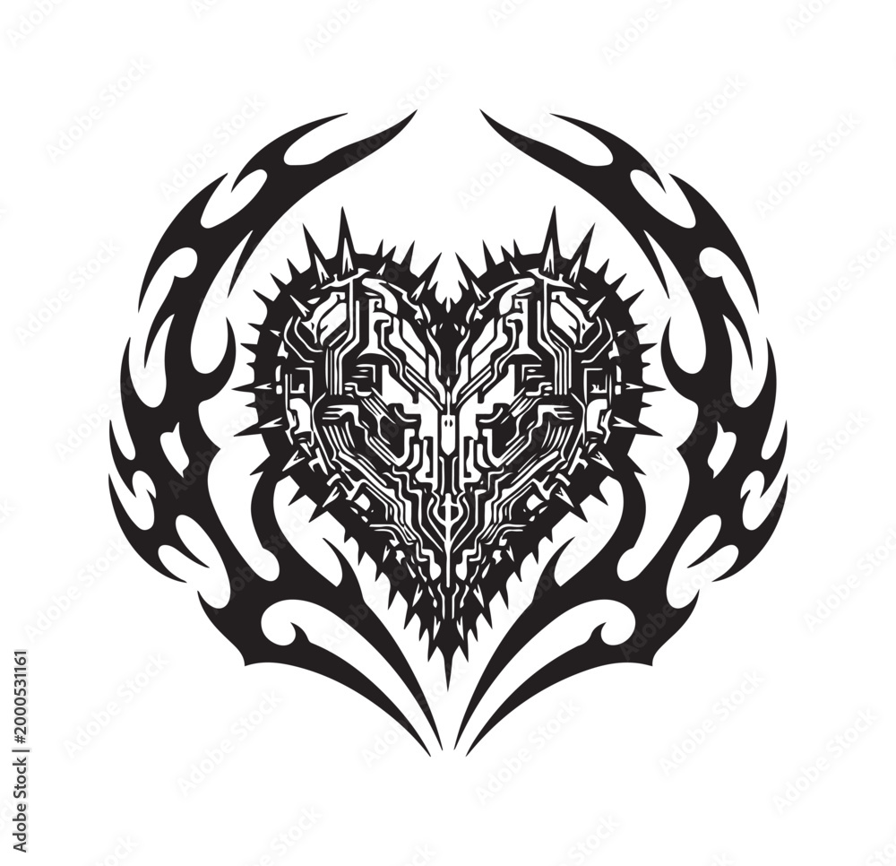 Fototapeta premium Intricate Acid-Inspired Y2K Heart Tattoo Design, Graphic Art, Abstract Environment, Close-Up Viewpoint, Tribal Concept