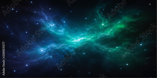 An abstract blue nebula glows within the deep dark cosmos of the outer universe featuring bright stars and celestial light across a fantasy night sky constellation