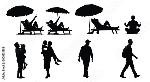 Diverse silhouettes of people enjoying leisure activities on a beach and walking outdoors