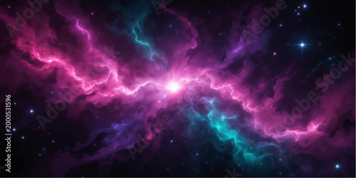 An abstract deep blue space background features a bright nebula and shining stars across a dark outer cosmos galaxy