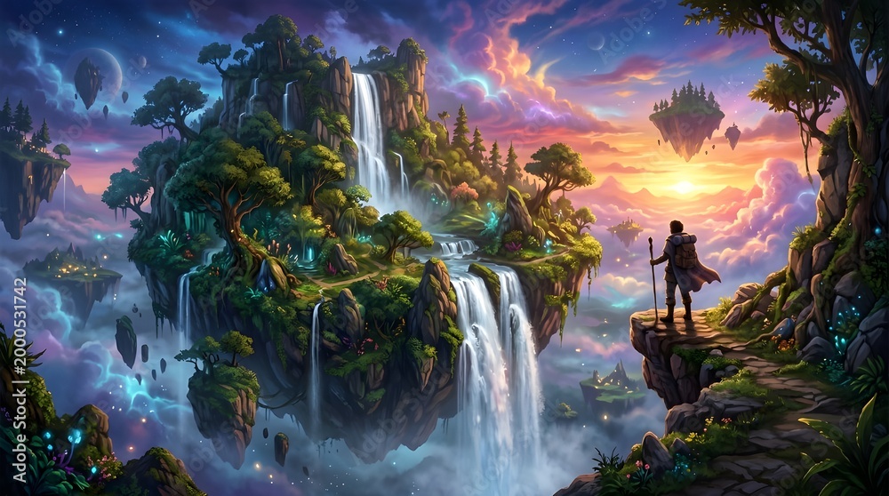 Obraz premium Magical floating island with waterfalls and vibrant sunset sky, representing surreal fantasy world and adventure exploration.
