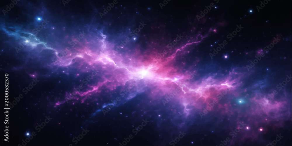 Fototapeta premium An abstract cosmos background featuring a bright blue nebula and shimmering stars scattered across a dark outer space galaxy within the deep black universe