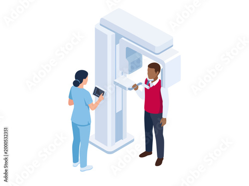 A female dental technician in blue scrubs uses a tablet to control a large, white isometric panoramic dental imaging system while a male patient, wearing a red vest, stands ready for his X-ray scan