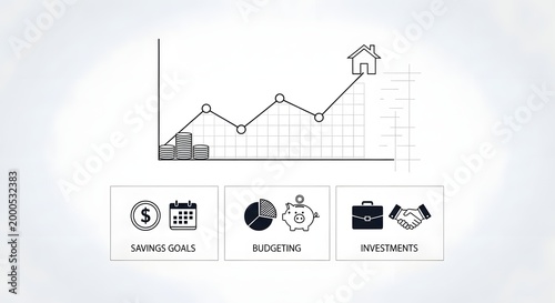 Conceptual illustration of personal finance management, depicting financial growth towards homeownership, savings, budgeting, and investment strategies.