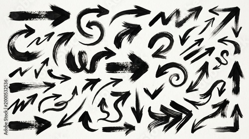 Hand-painted black arrows on white background, diverse shapes and directions