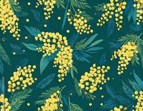 Vibrant yellow mimosa floral pattern design.
