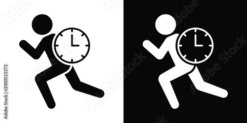Vector icon of a person running with a clock, symbolizing time management, deadlines, punctuality, and rushing against time. Perfect for business, productivity, and schedule-related designs.