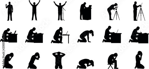 Collection of black silhouettes depicting various human emotions and activities including work stress frustration success prayer despair and professional office tasks