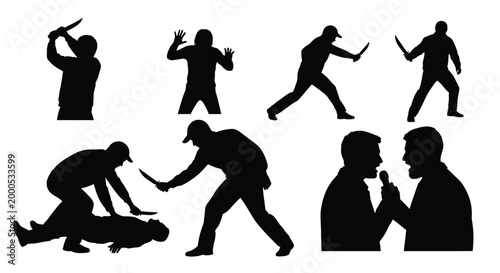 Silhouetted figures depicting various dangerous actions including fighting, threats, and assault with weapons