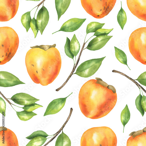 Seamless pattern of persimmons and green leaves